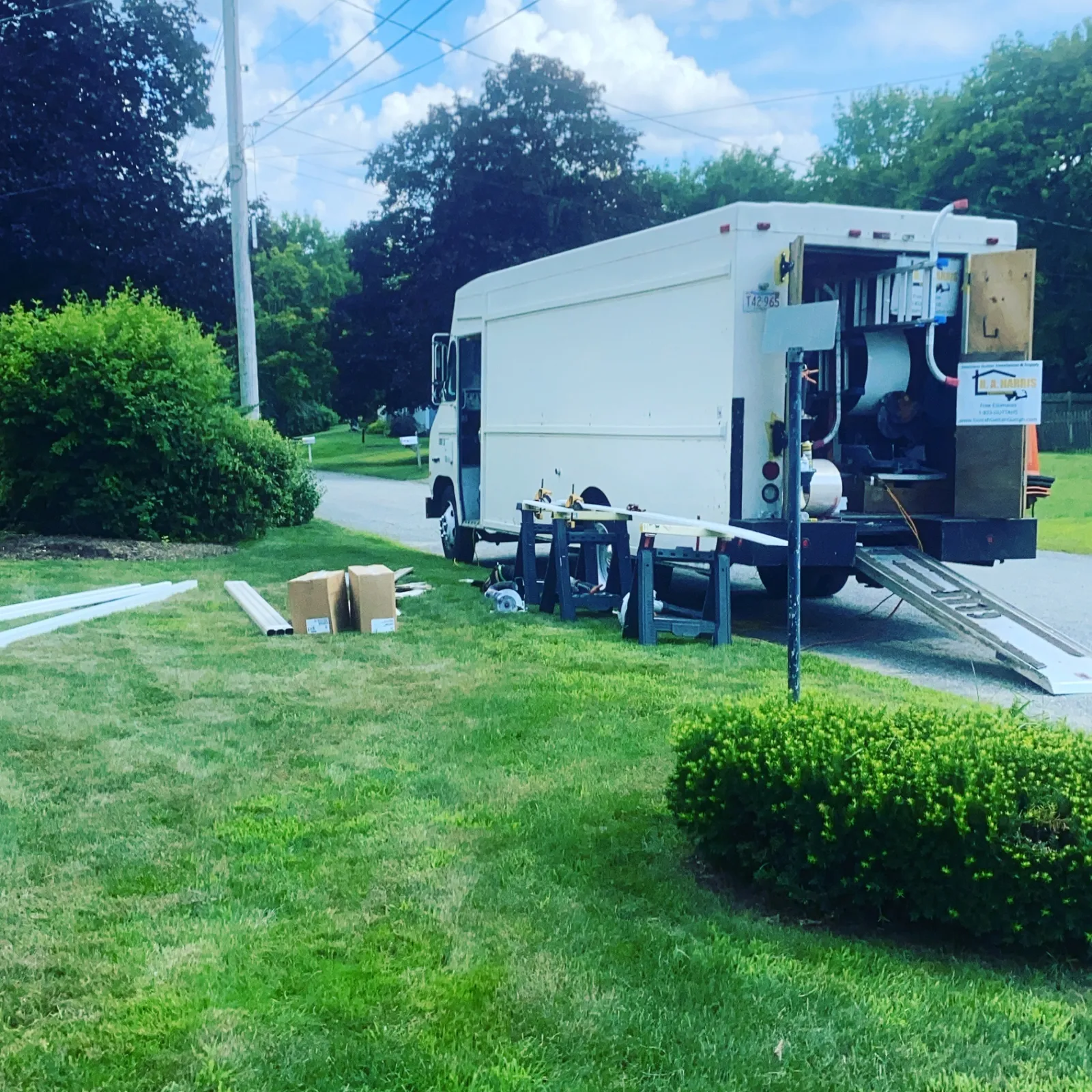 B.A. Harris Seamless Gutter work truck at the company shop in Walpole, Massachusetts